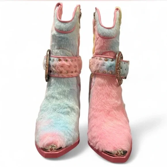 Club Exx Sharp Sheriff Shine Cowboy Boots Rainbow Faux Fur & Rhinestones, Rave - Picture 7 of 11